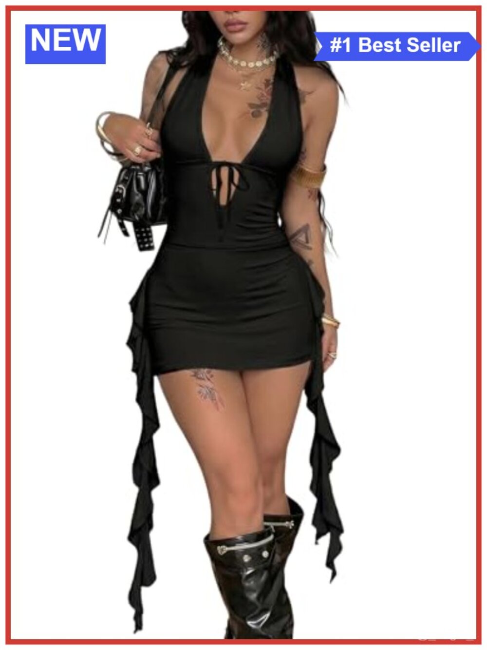 Women Summer Halter Bodycon Mini Dress Tie Front Ruffle Fringe Hem